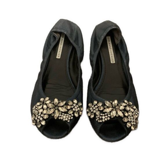 Vera Wang Navy Blue Shine Silver Rhinestone Peep Toe Ballet Flats 7.5 - Picture 1 of 8